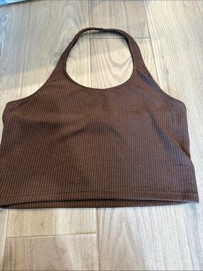 Divided Ribbed Halter Crop Top in Brown